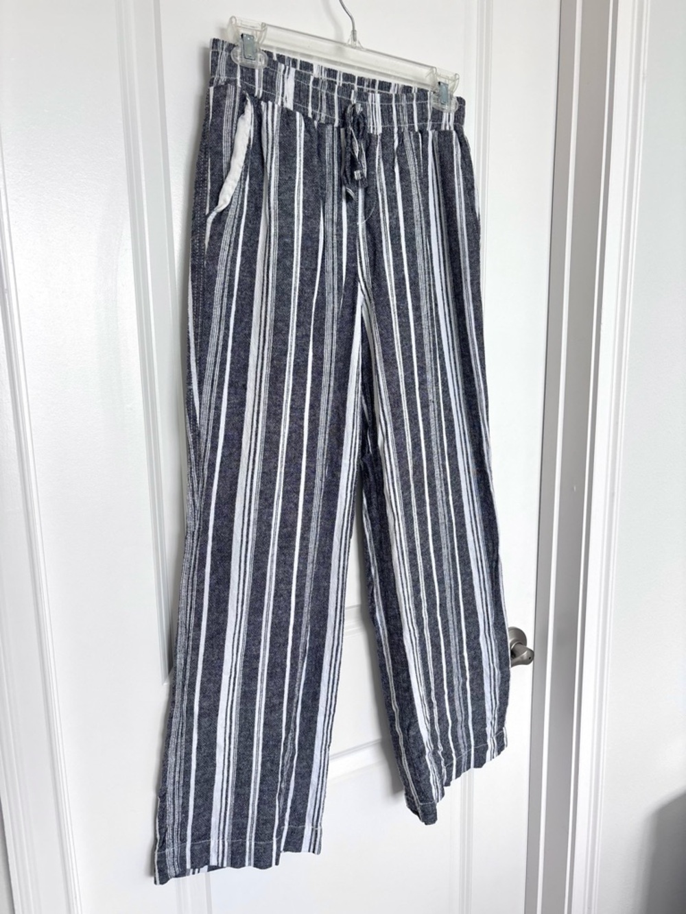 Linen Blend Striped Wide Leg Pants Small Black White Drawstring Summer Coastal